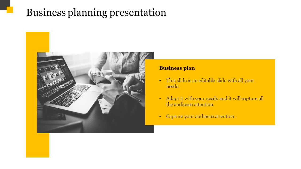 Business planning slide with a black and white workspace image on the left and a yellow text box on the right.