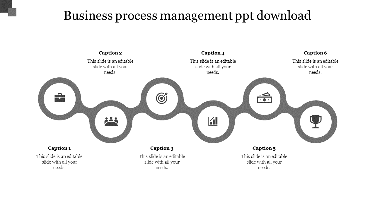 A sleek business process management slide with interconnected circular icons for various business functions and captions.