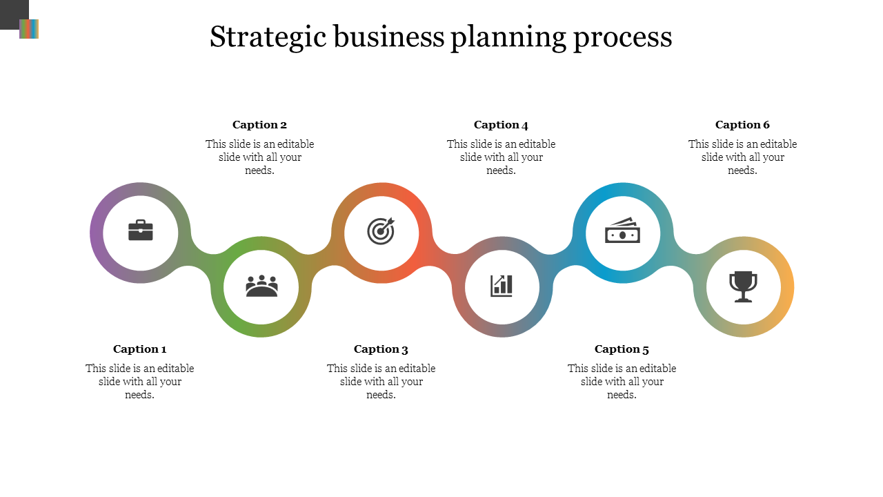 Strategic business planning process flow with six steps represented by icons within circles, linked by a curved path.