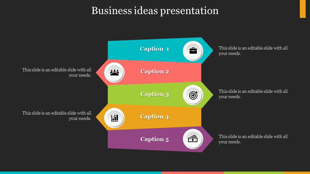 Business ideas slide with five stacked banners in blue, red, green, yellow, and purple, with icons, on a dark backdrop.