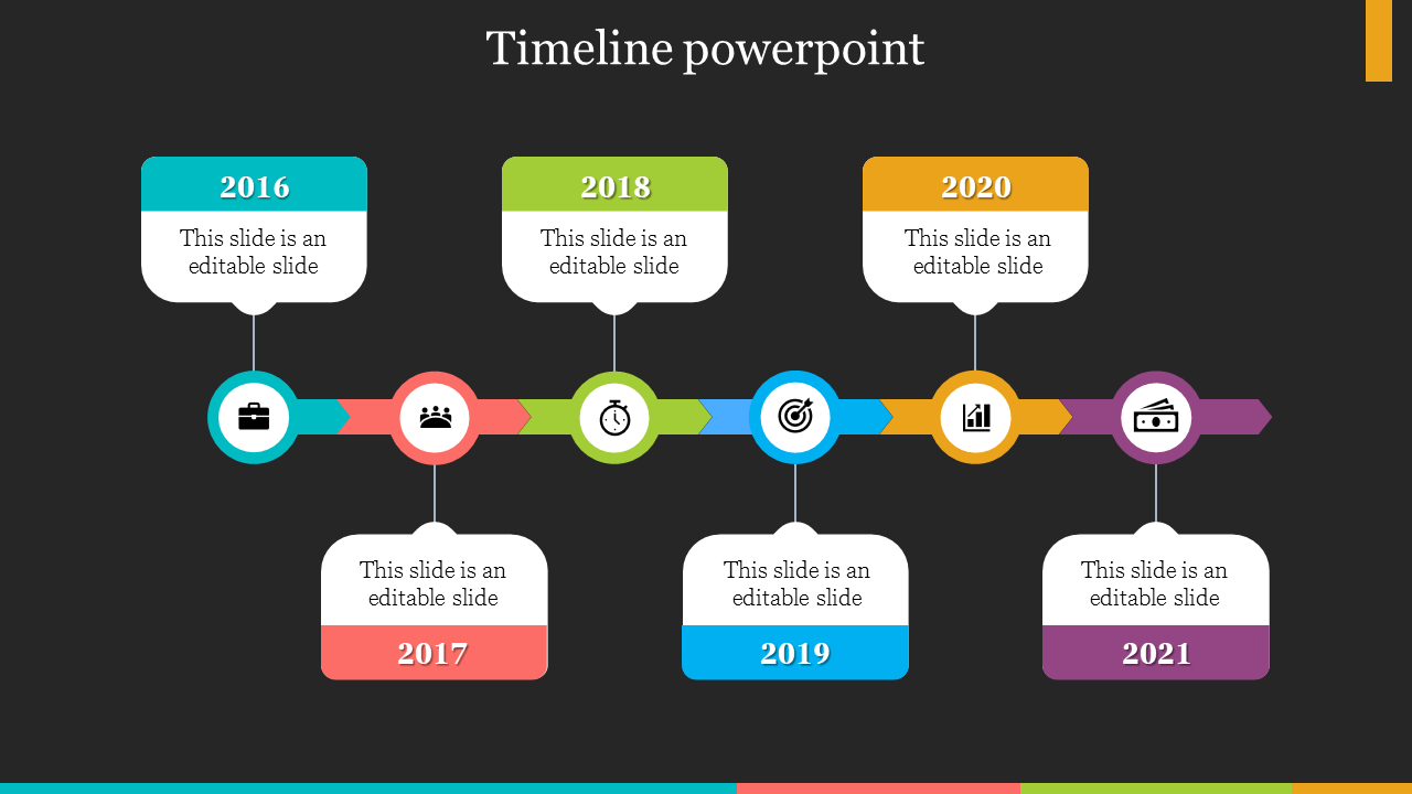 Colorful timeline PowerPoint template with icons representing different years from 2016 to 2021 on a dark backdrop.