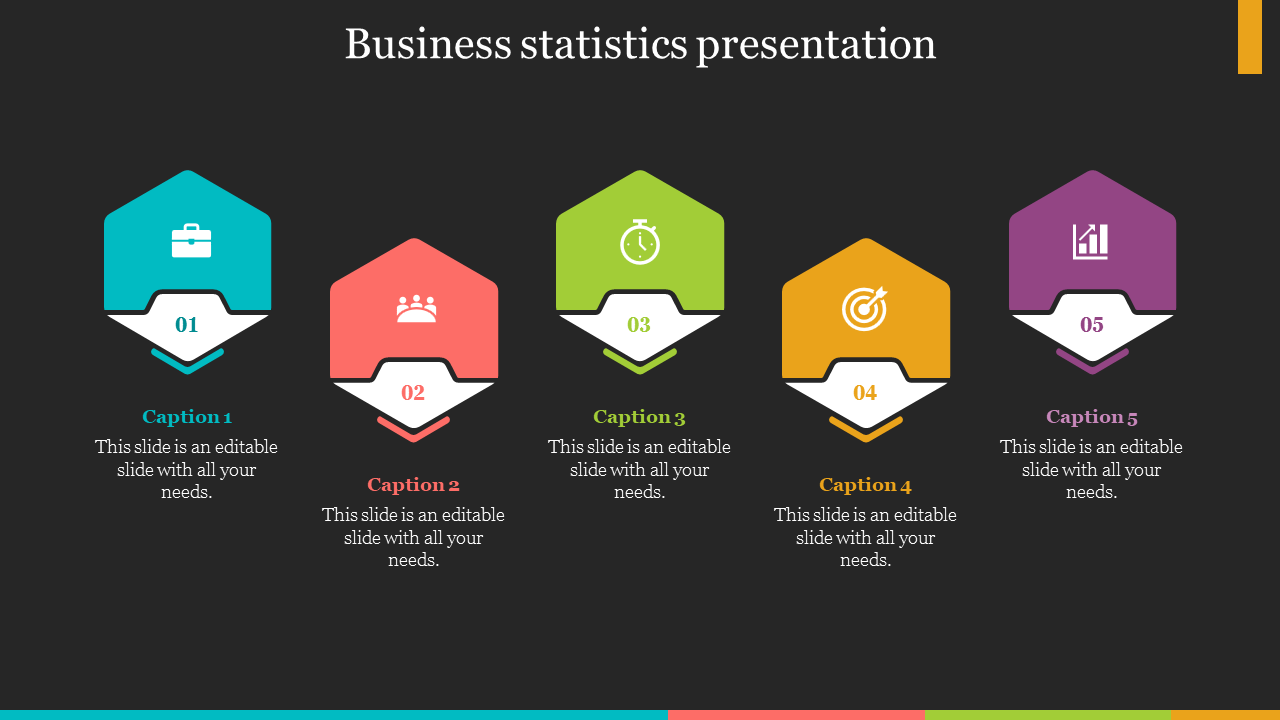 Business slide featuring five hexagonal icons in blue, red, green, yellow, and purple, with captions, on a dark background.