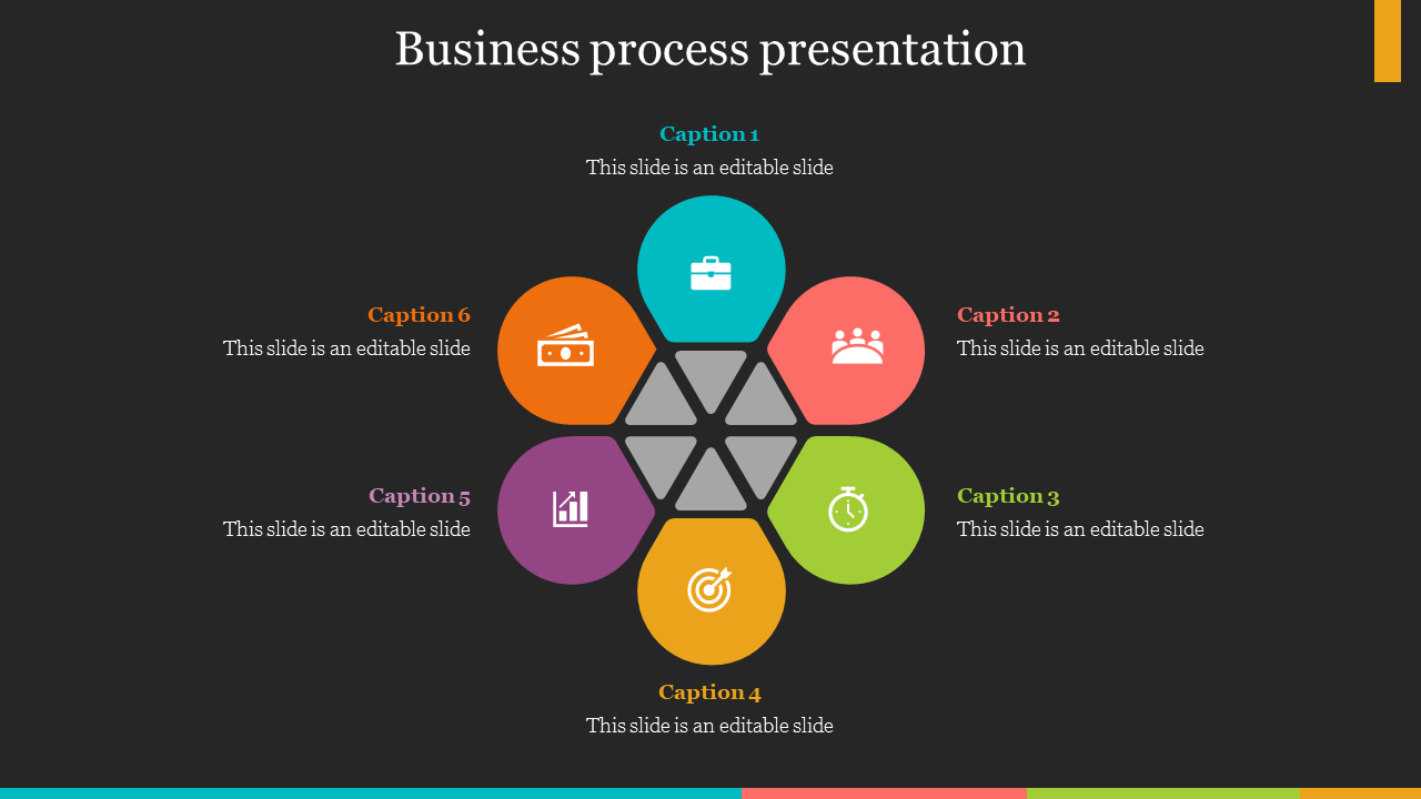 Business process PowerPoint template featuring six colorful segments, each with an icon and captions on a dark backdrop.