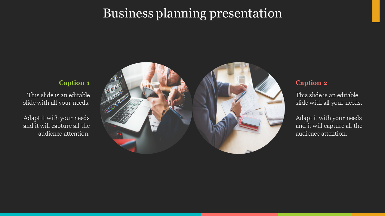 Template featuring two circular business related images, ad green and red captions on both sides, set on a dark background.