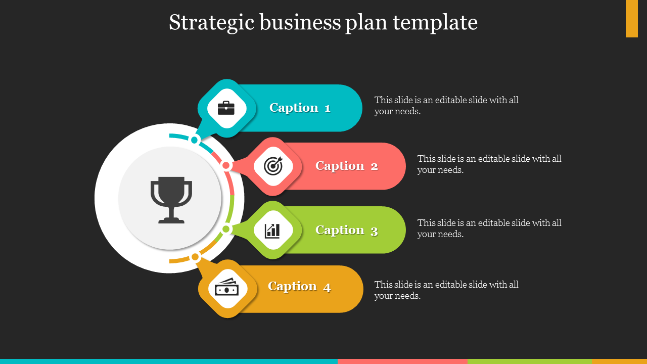 Strategic business plan template with colorful sections around a central trophy icon and placeholder text on a dark backdrop.