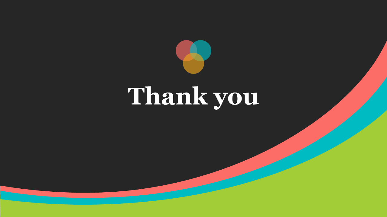 Thank you slide featuring a dark background with colorful curved lines at the bottom and a multicolored circle icon.