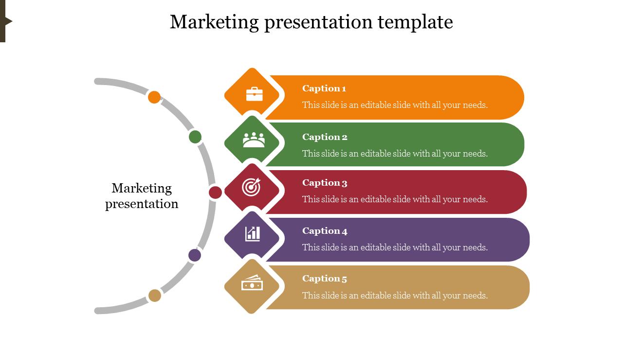 Marketing slide with five colorful dots in semicircle arc, paired with text boxes in orange, green, red, purple, and yellow.