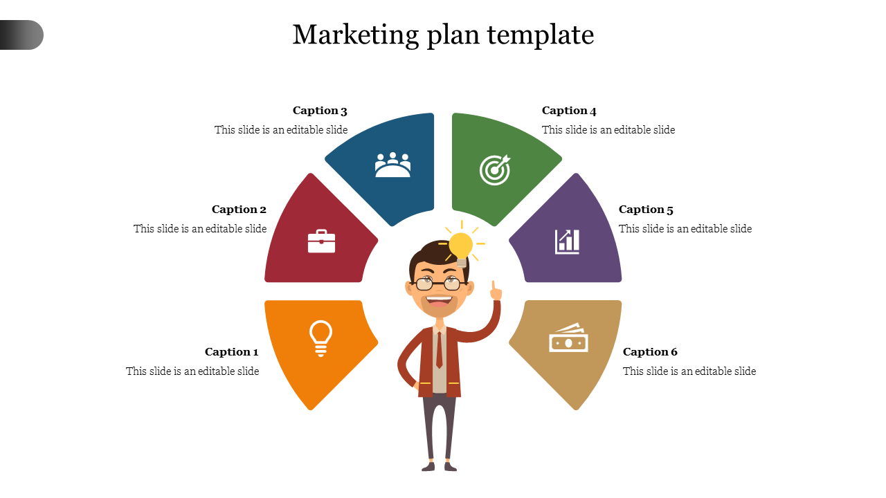 Marketing plan PPT template with colorful segments and a smiling character holding a lightbulb with captions.