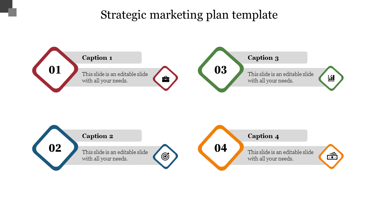 Strategic marketing plan template with four diamond shaped sections for business, target, growth, and budget with captions.