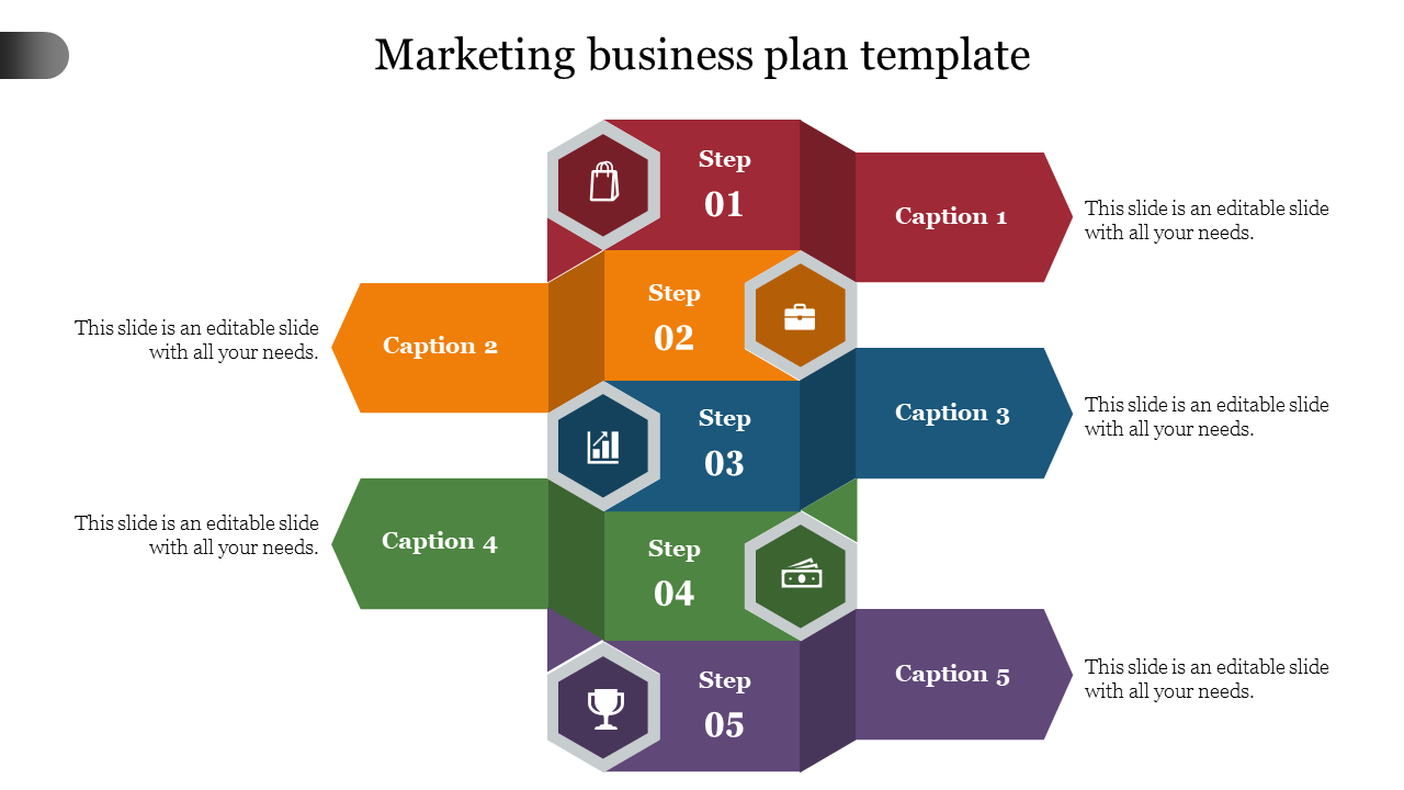 Marketing business plan PPT slide with five sections, each representing a step in the process, with colorful icons.