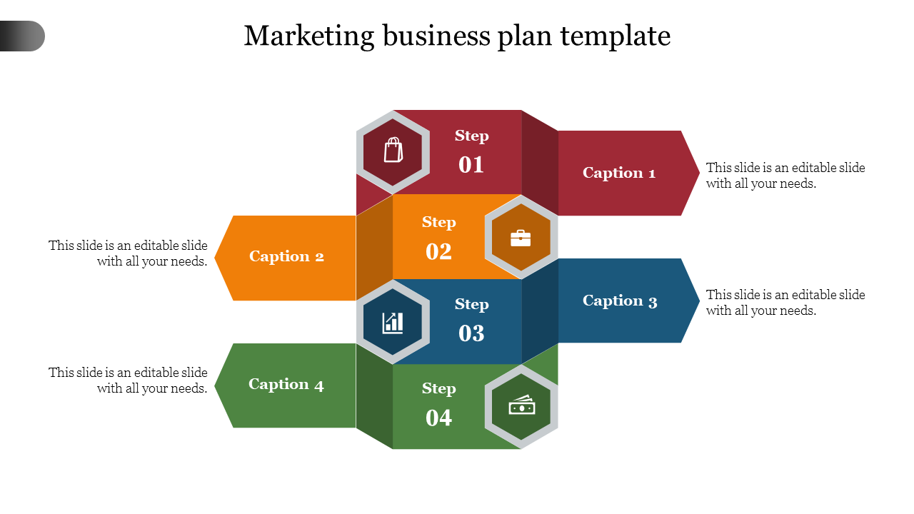 Marketing business plan PowerPoint template with colorful steps and icons for each phase of the process.