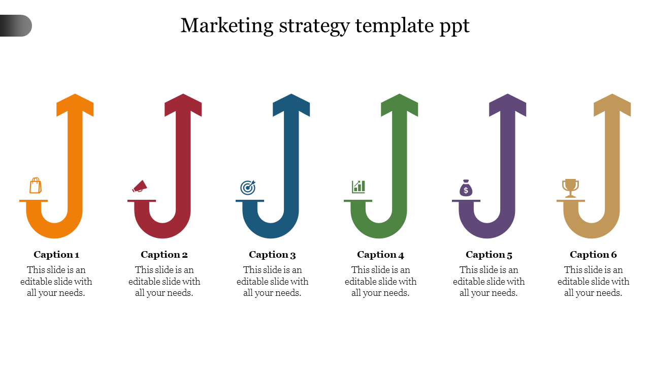 Marketing strategy PowerPoint template with six sections, each featuring an icon and a colorful arrow on a white backdrop.