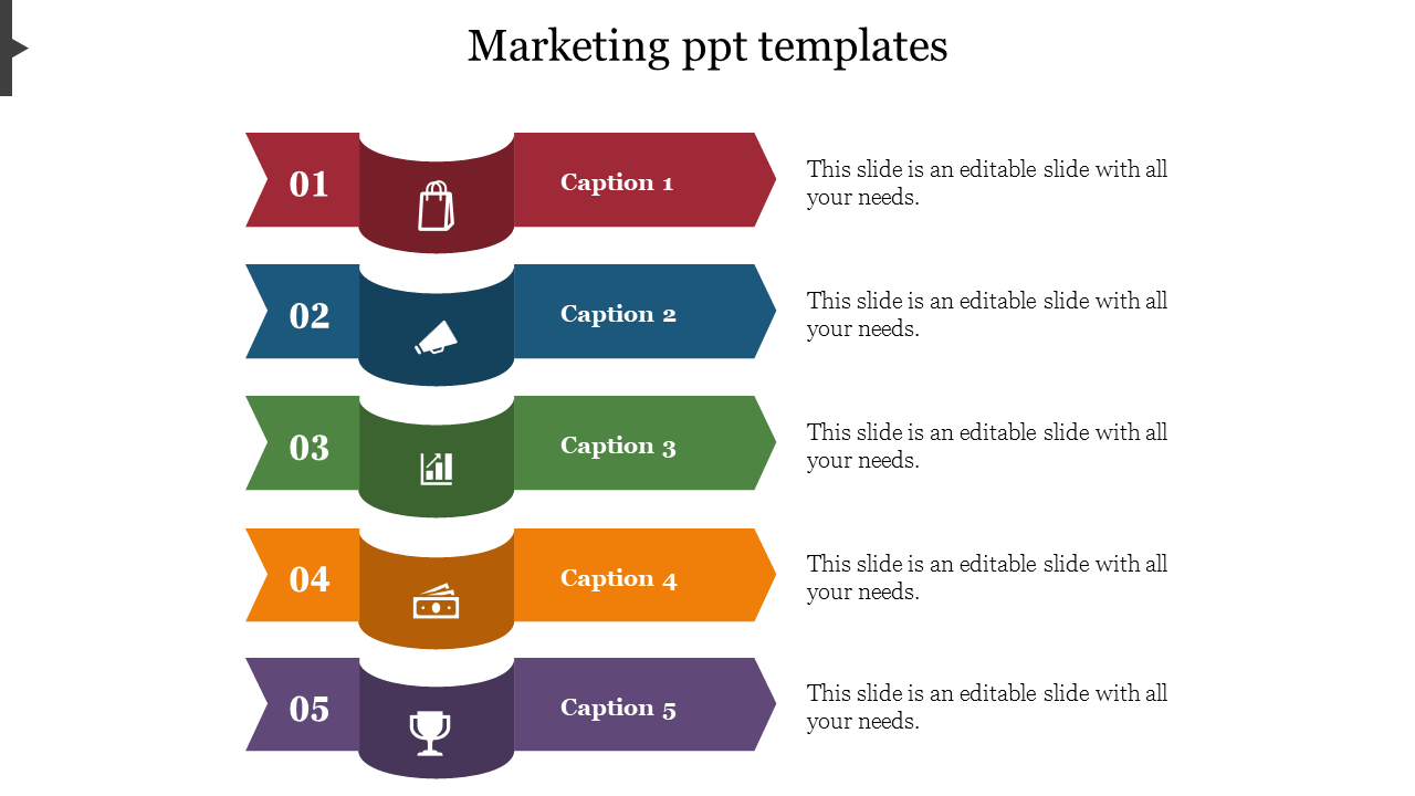 Colorful marketing plan slide featuring icons and captions within ribbon-shaped sections arranged vertically.