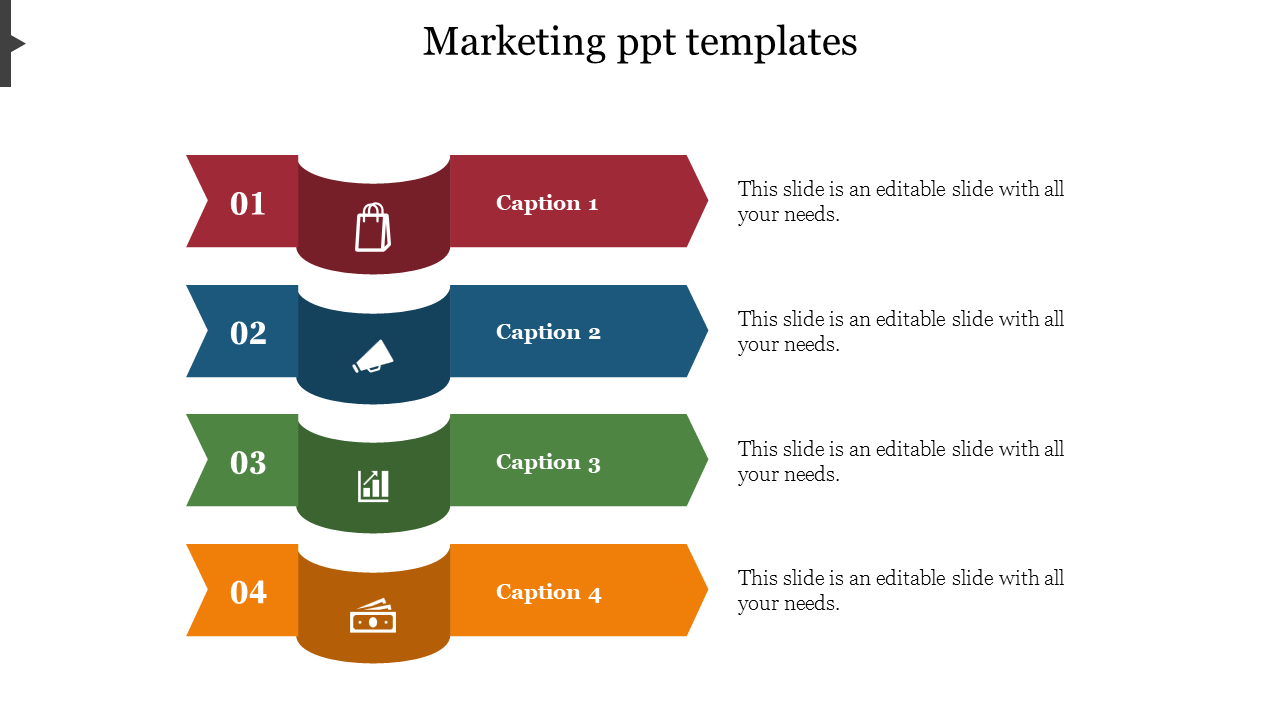 Marketing template with four color-coded ribbon sections labeled from 1 to 4 with icons.