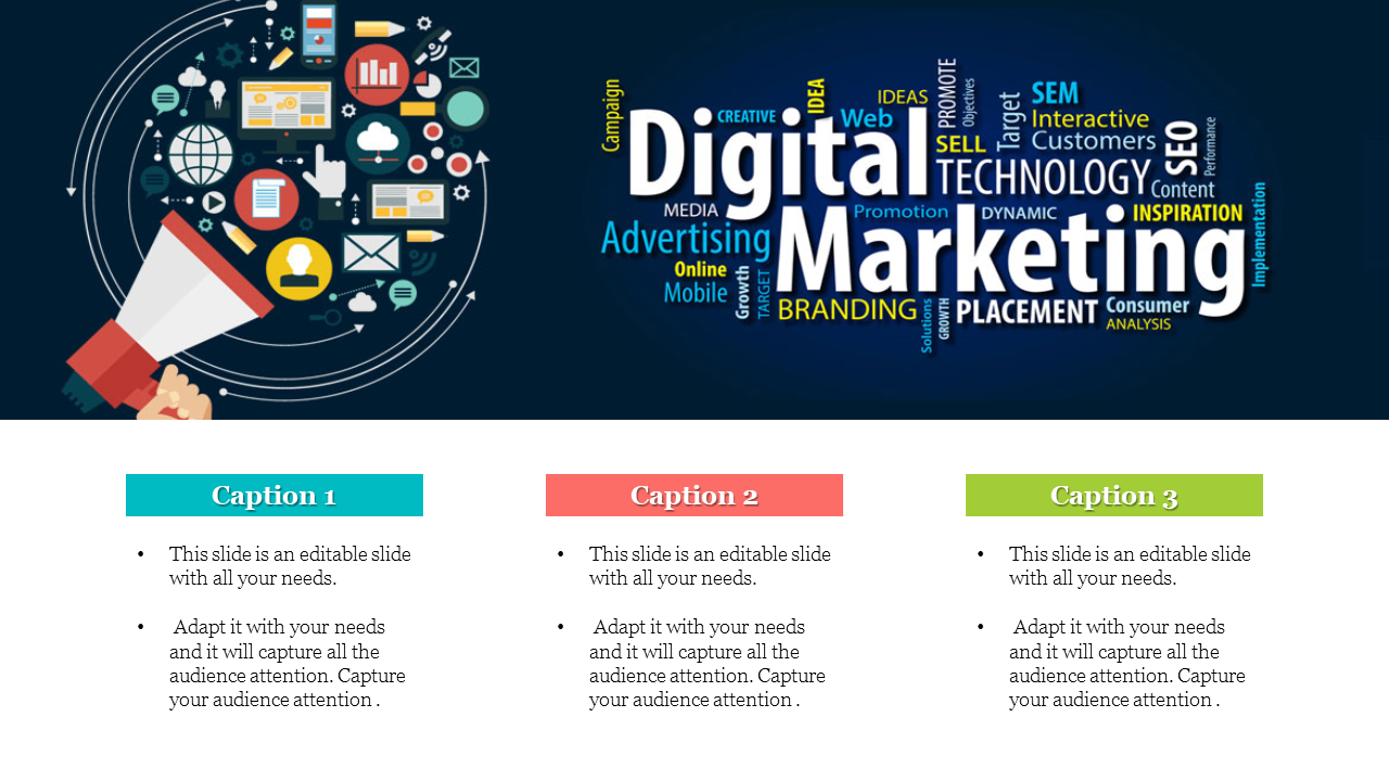 Illustration of digital marketing icons around a megaphone with a word cloud, followed by three captions below.