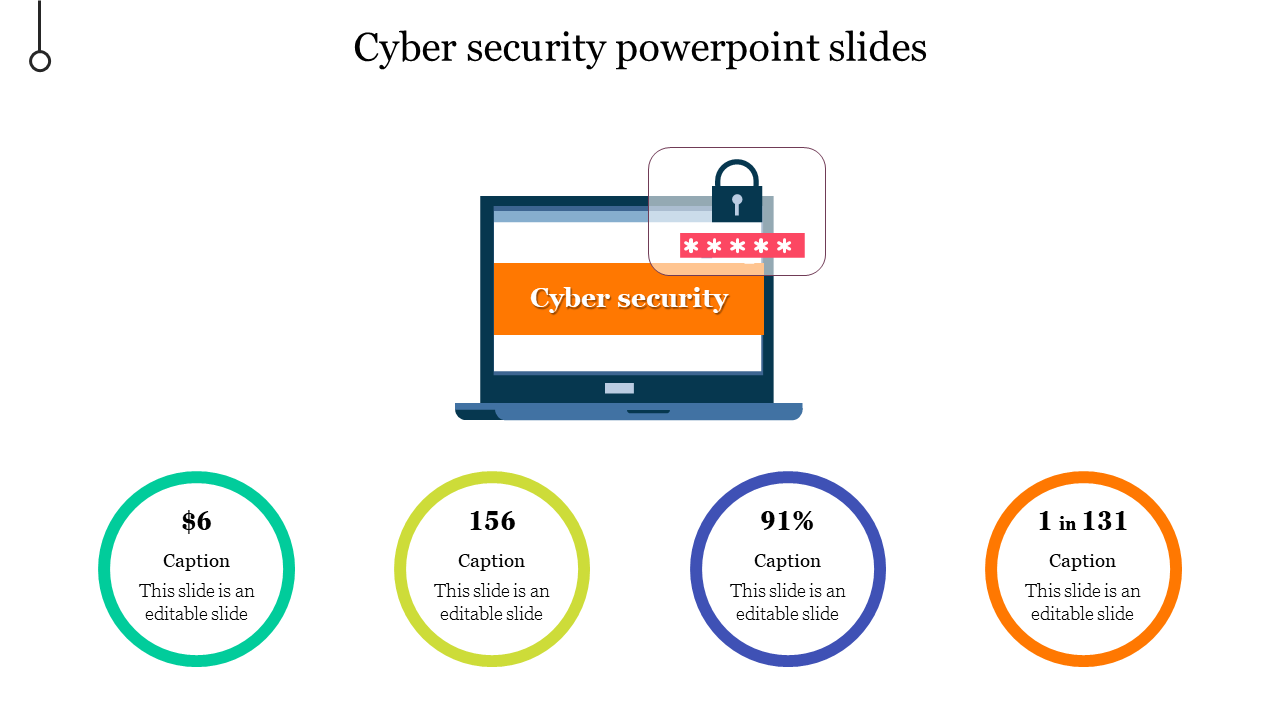 Cyber security PowerPoint slide featuring a laptop with a password screen and stats with captions in circular sections.