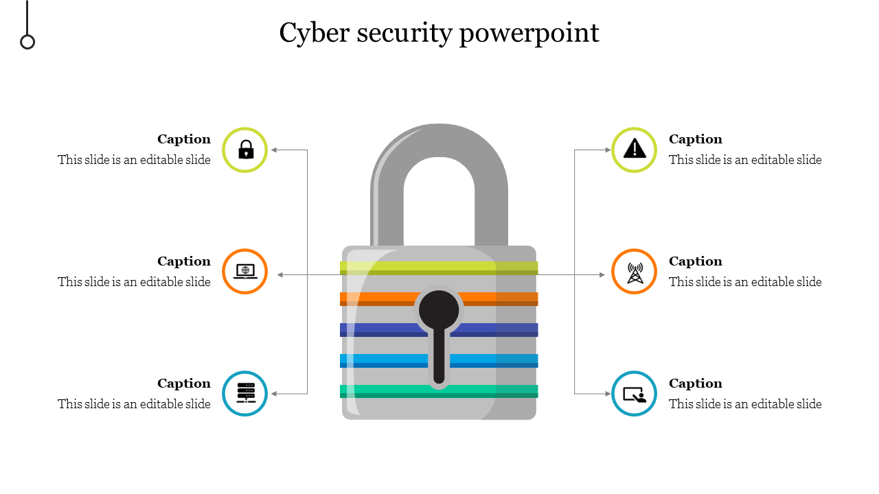 Cyber security slide with a colorful lock in the center, surrounded by six circular icons in different colors with captions.