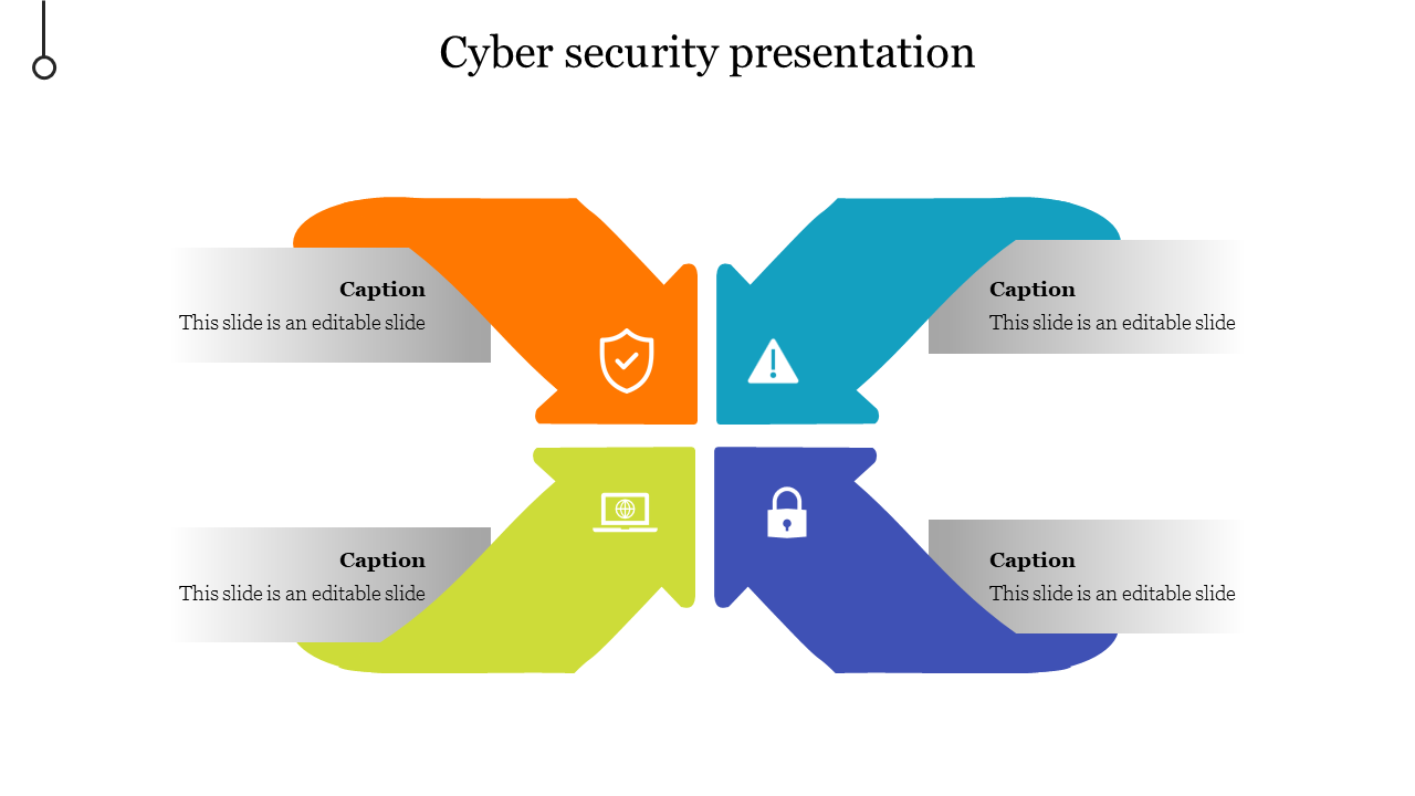 Cyber security presentation slide with four colored arrows pointing in different directions, featuring icons with captions.