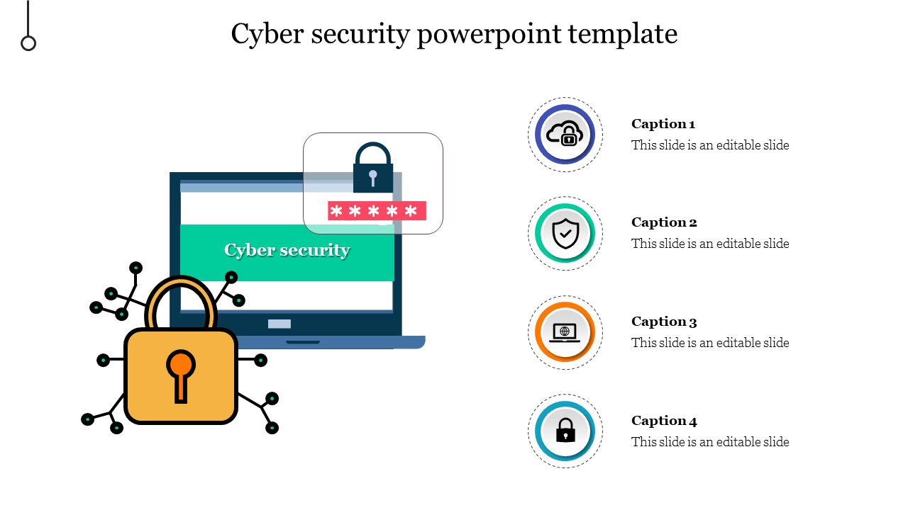 Cyber security slide with four circular icons with captions, next to a laptop showing a password and lock symbol.