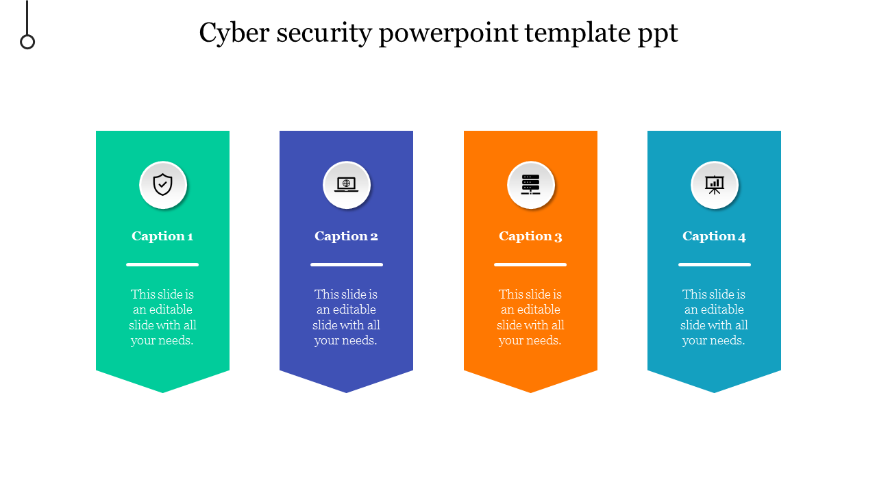 Cybersecurity PowerPoint template with four vertical banners, each with icons and captions on colored backgrounds.