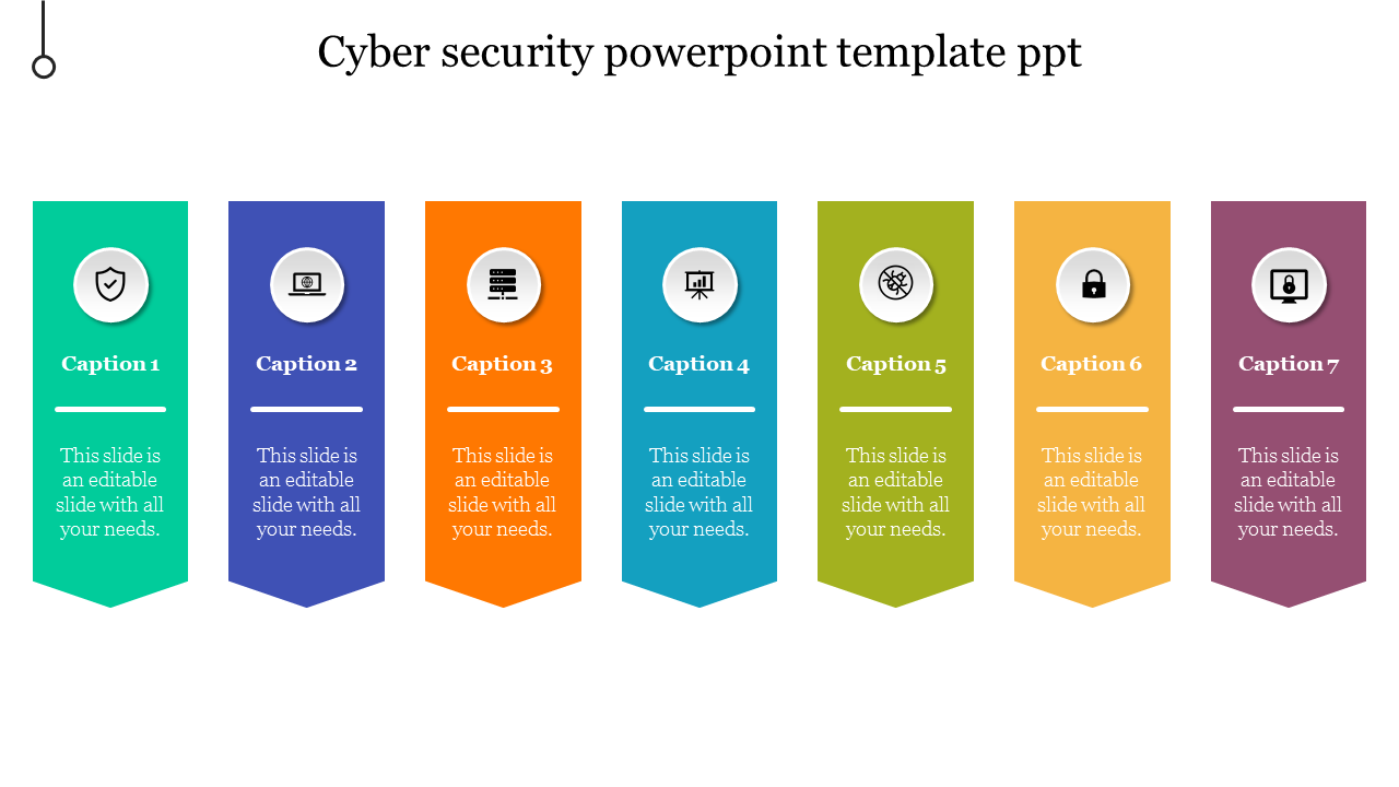 Cybersecurity slide with seven colored vertical banners in green, blue, orange, teal, olive, yellow, and purple.