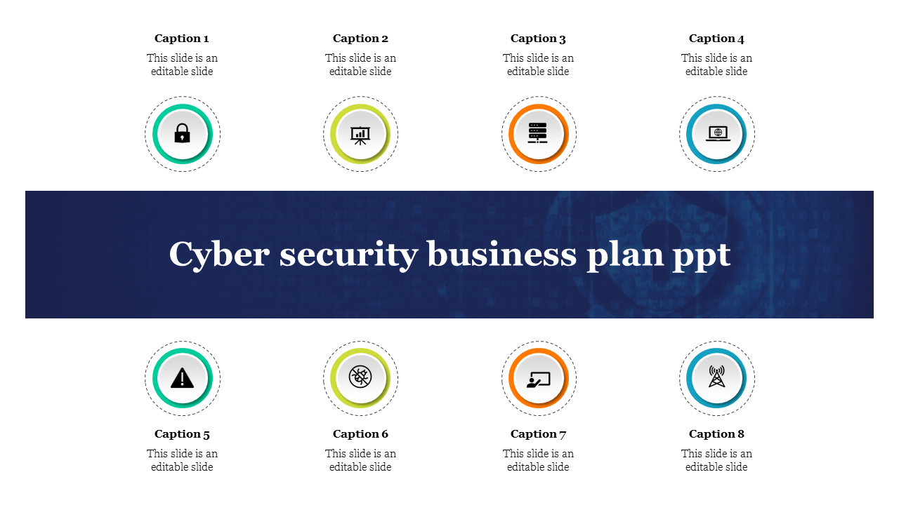 Slide showcasing a cyber security business plan with eight sections, each featuring a color coded icons and captions.