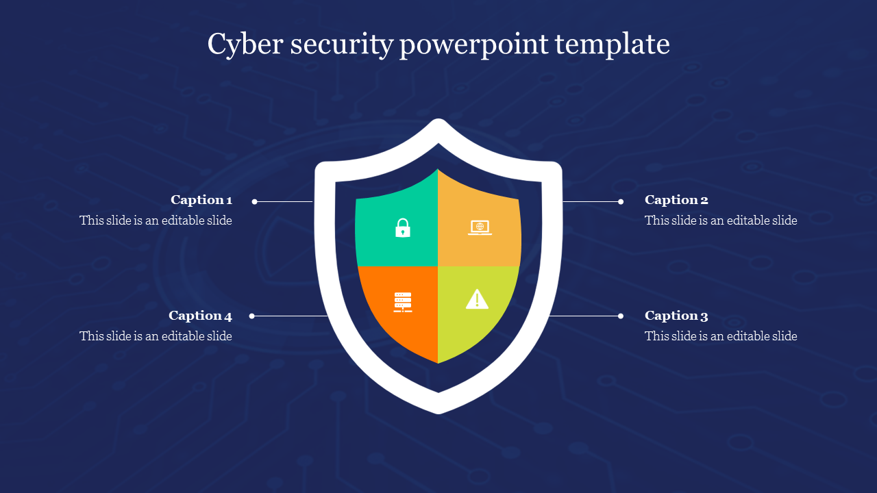 Cyber security PPT slide with a shield design, divided into four sections containing colorful icons on a dark blue backdrop.