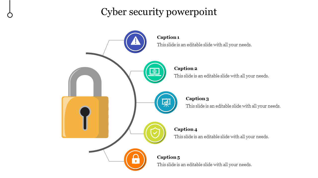 Cyber security PowerPoint slide featuring a lock in the center with five colorful icons and captions on a white backdrop.