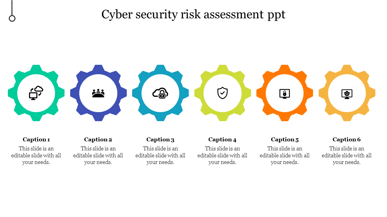 Cyber security risk assessment slide featuring six colored icons in gears with placeholder text.