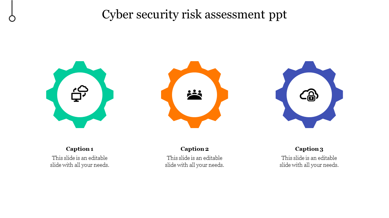 Slide with gear shaped icons in green, orange, and blue, each representing different cybersecurity concepts.