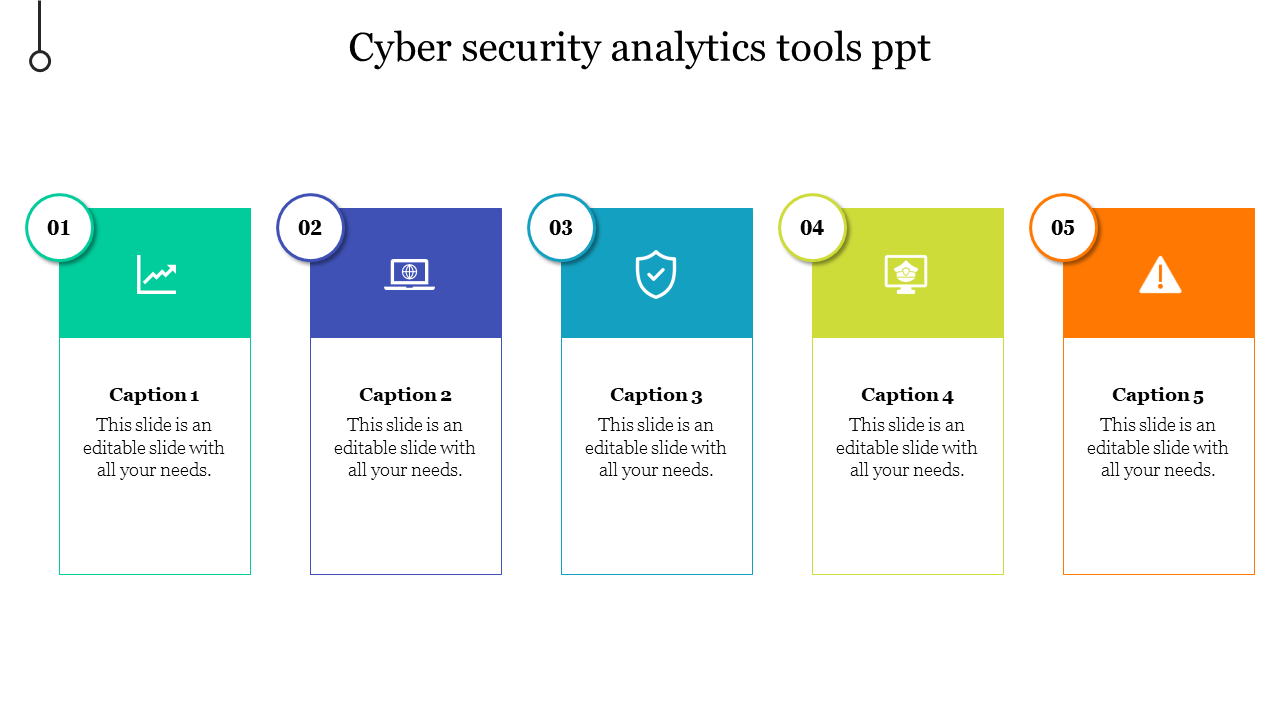 A colorful PowerPoint slide showcasing five cyber security analytics tools, each represented by an icon and a brief caption.