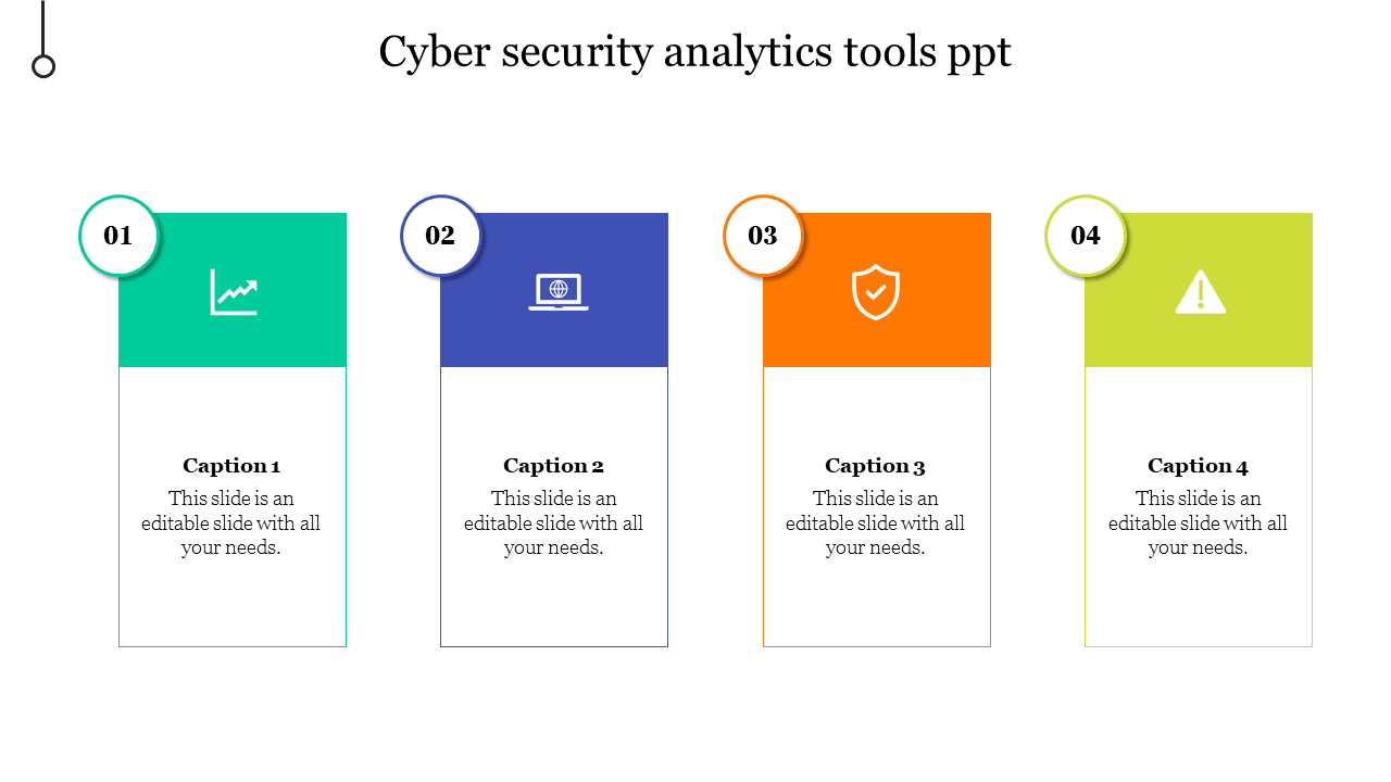 Cyber security analytics tools PowerPoint template showcasing four sections with icons and captions.