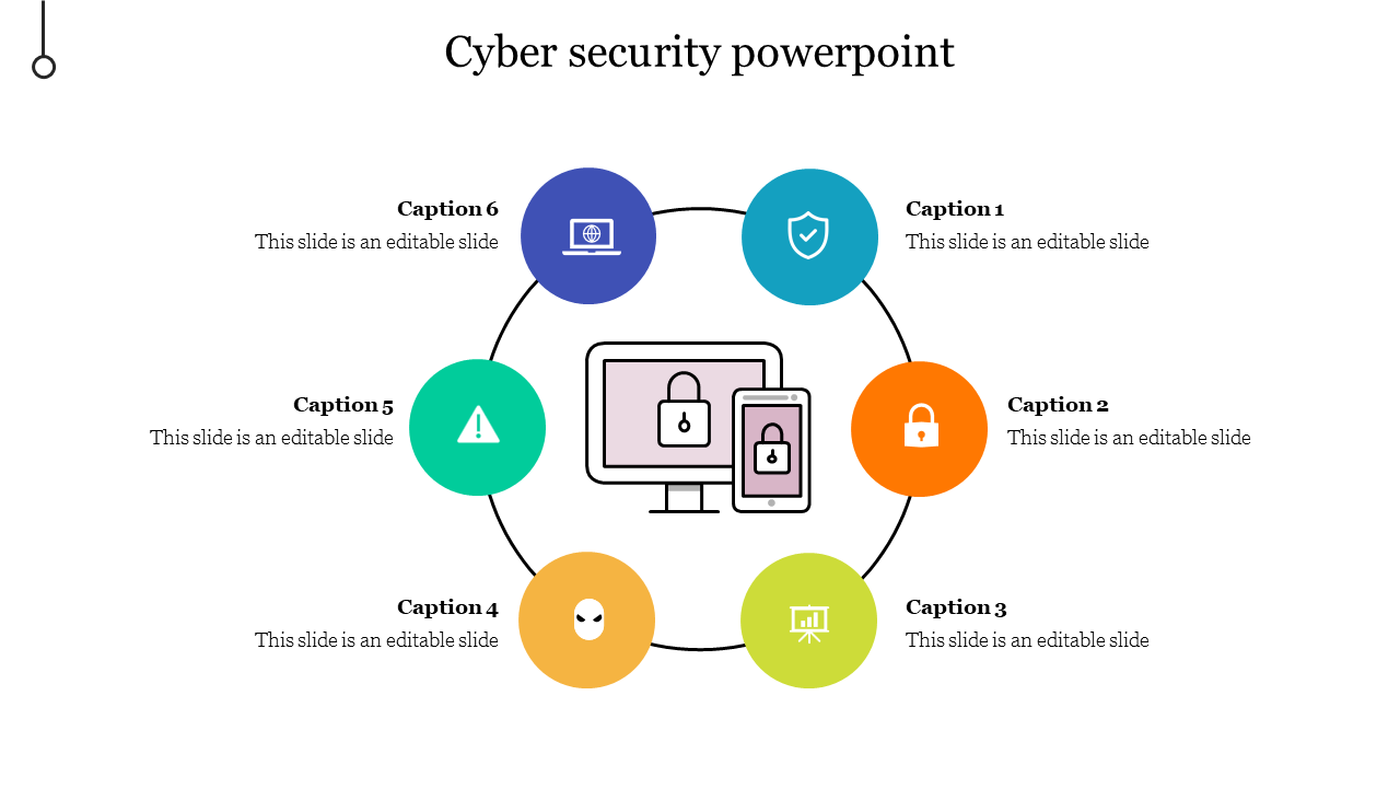 Cyber security PowerPoint slide with colorful icons featuring a central computer with a lock and captions.