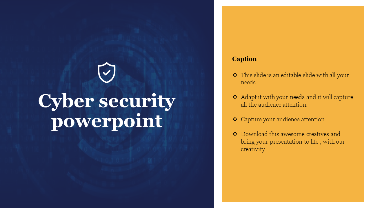 Cybersecurity slide with a shield icon, on a blue binary code background, and yellow sidebar containing text.