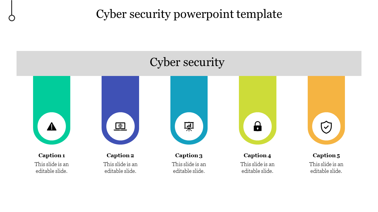 Cybersecurity PPT template with five captions, each featuring a colored icon with placeholder text on a white backdrop.