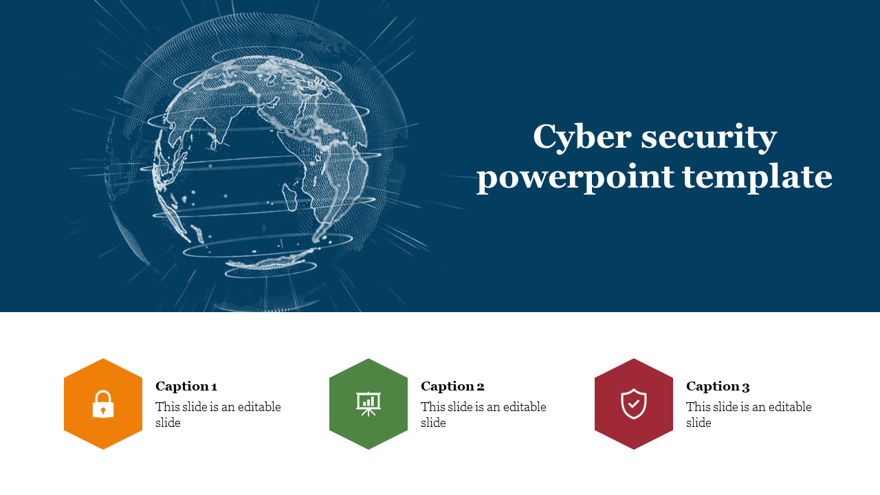 Global cybersecurity-themed slide with a wireframe globe and three color-coded hexagons below, each linked to a caption area.