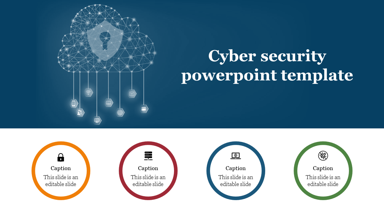 A cyber security slide featuring a blue background with a cloud and padlock graphic with icons and placeholder text.