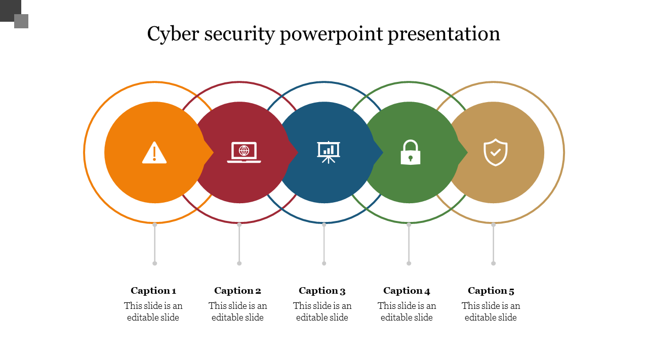 Cybersecurity slide featuring five interconnected circles in orange, red, blue, green, and gold, with icons.