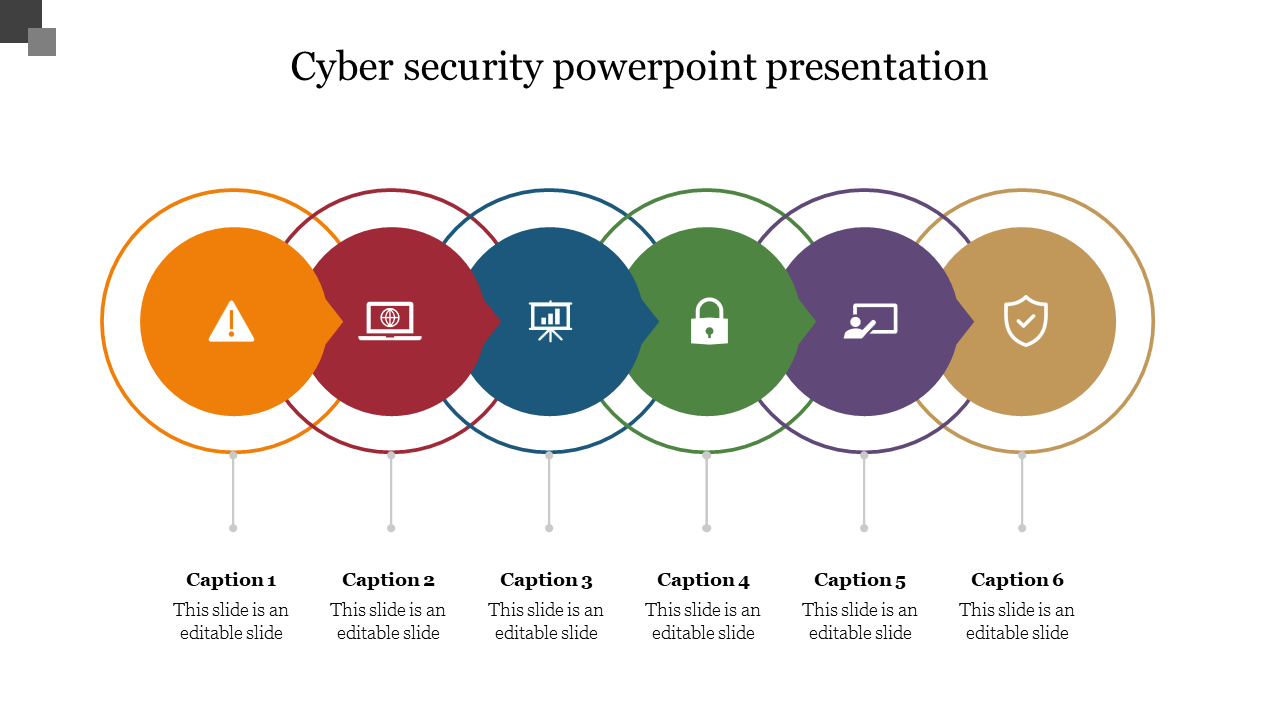 Cyber security PPT presentation slide featuring a flow of colorful circular icons with captions on a white backdrop.