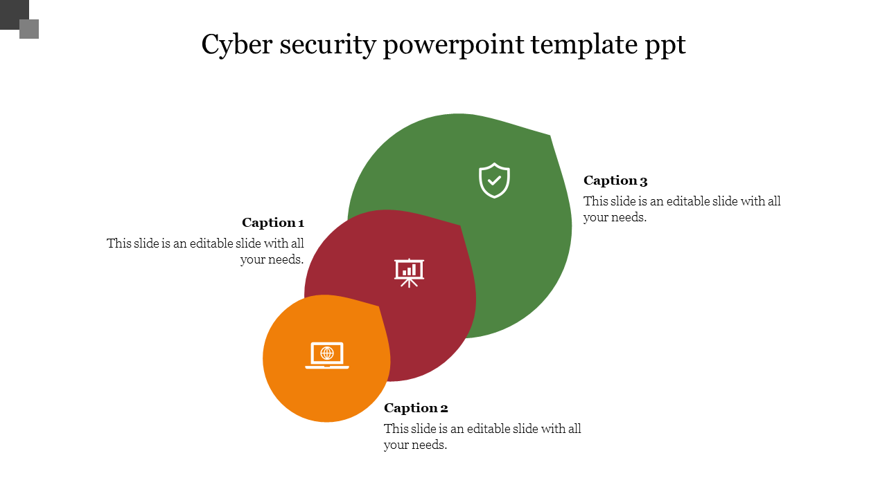 Cyber security PowerPoint slide featuring three overlapping circles, each with a caption and icons.