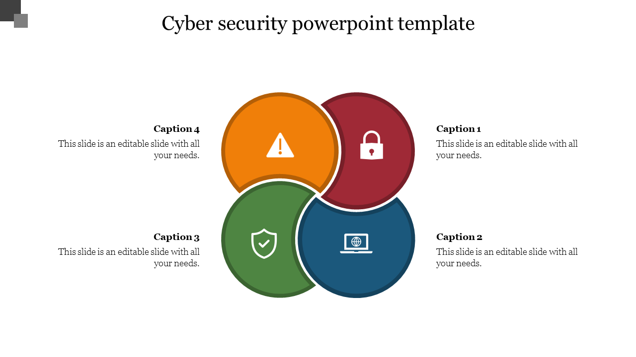 Cyber security PowerPoint template with four colorful interconnected circles with captions on a white backdrop.