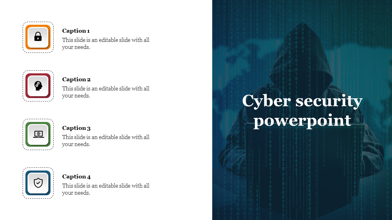 A slide featuring cyber security icons such as a lock, brain, laptop, and shield with a hacker background.