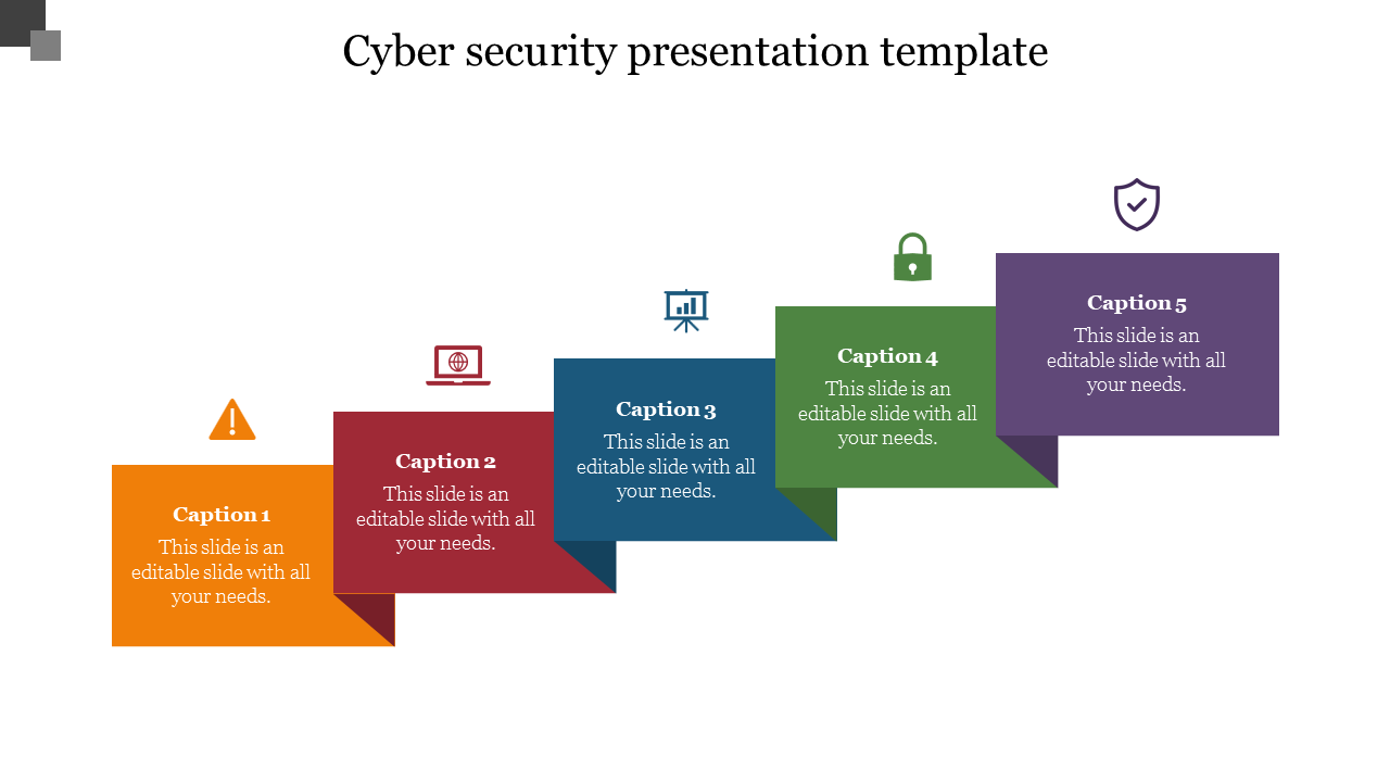 Cyber security PPT template with five colorful boxes featuring icons with placeholder text on a white backdrop.