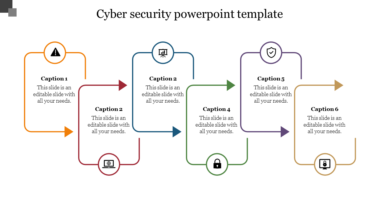 Cybersecurity slide featuring six steps, with arrows in different colors, each pointing to an icon and captions.