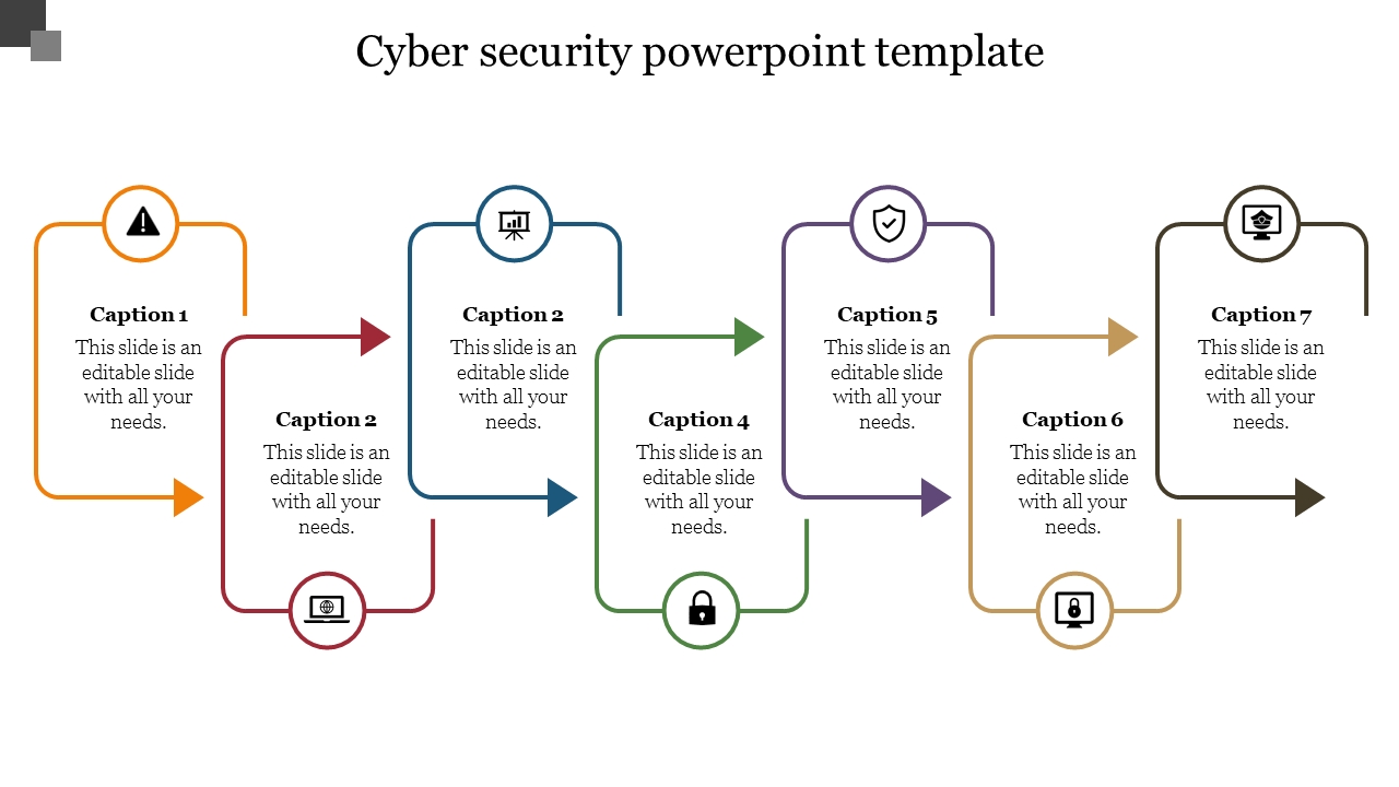 Cybersecurity PowerPoint template featuring seven captions with color coded arrows and icons with placeholder text.