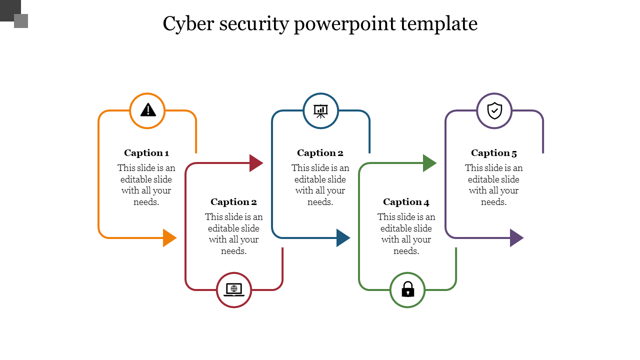 Cybersecurity flowchart with curved arrows connecting icons for warning, lock, and shield placed with caption areas.