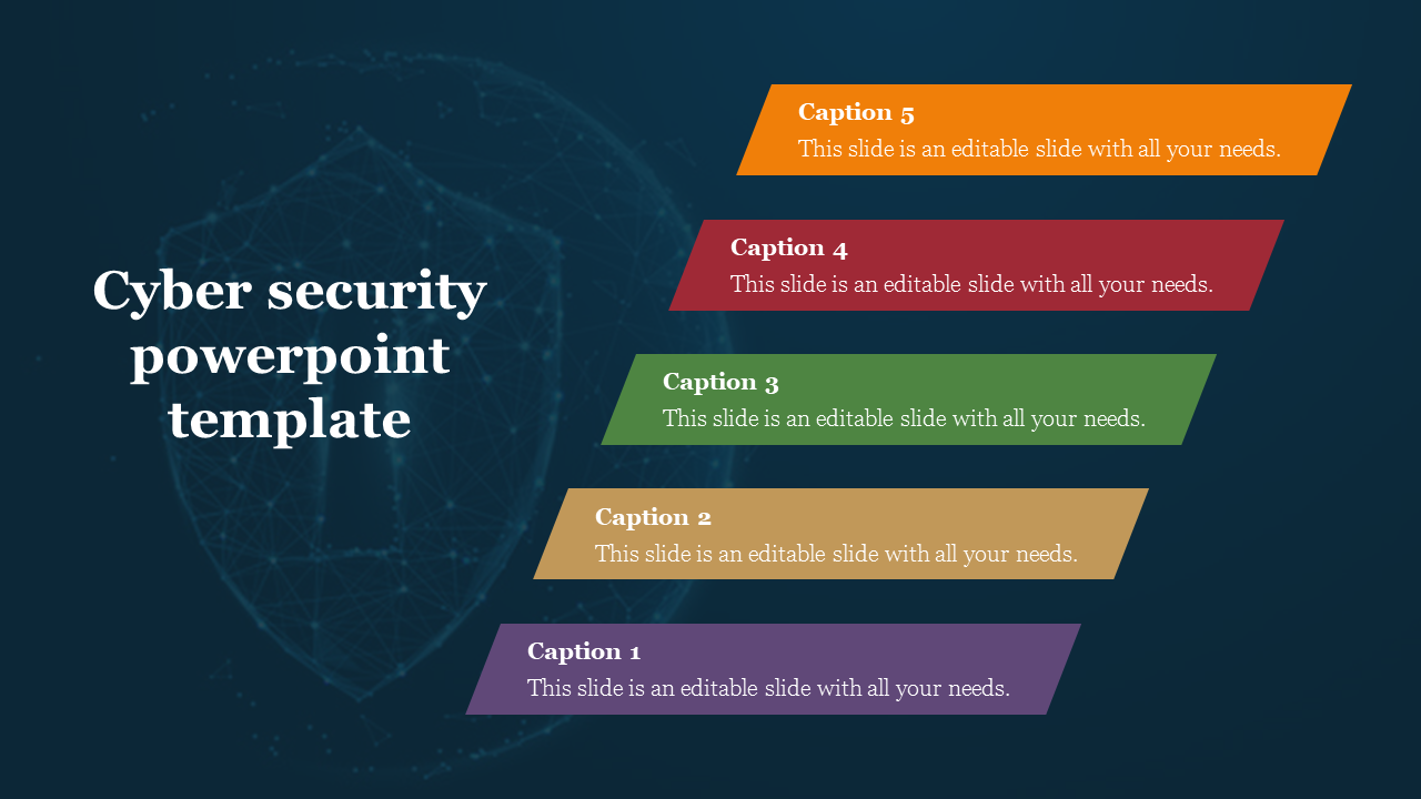 Cyber security slide featuring a shield graphic and five colored sections for captions.