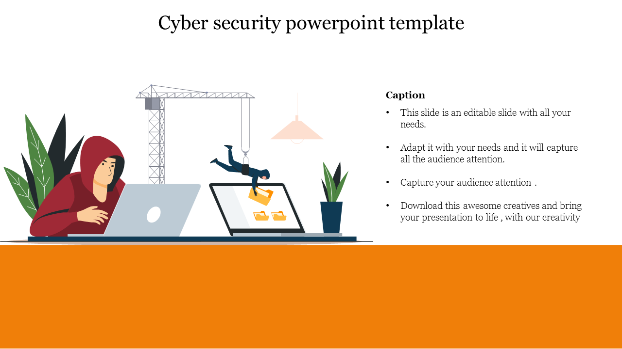 An illustrated slide depicting a cyber security theme with a hooded figure attempting to breach a computer with captions.