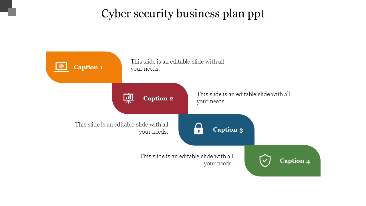 Cybersecurity business plan slide with four caption boxes in orange, red, blue, and green, each with icons and text.