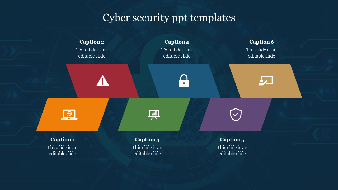 Cybersecurity-themed slide with six slanted rectangles in different colors, showing icons  with captions areas beneath each.